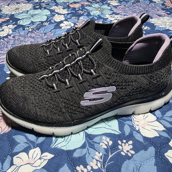 Skechers Shoes - Skechers Black Knit Slip-On Walking Shoes with Lavender Trim